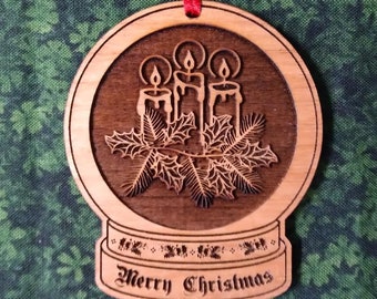 Three Candles Ornament, Alder Wood, Snow Globe Shape
