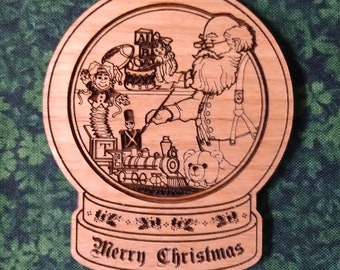 Santa’s Work Shop Ornament, Alder Wood, Snow Globe Shape