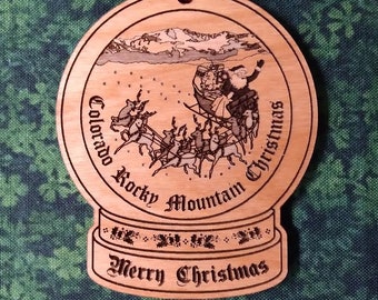 Colorado Rocky Mountain Christmas ornament, Alder Wood, Snow Globe Shape