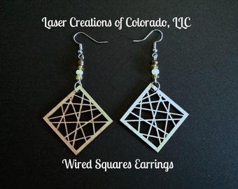 Wooden Jewelry, Wired Squares, Laser Engraved