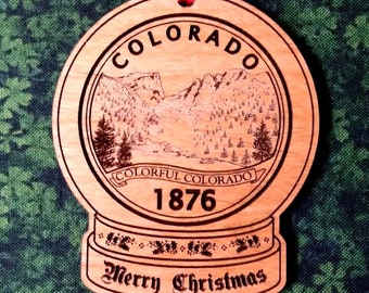 Colorado 1876 Ornament, the Centennial State, Alder Wood, Snow Globe Shape
