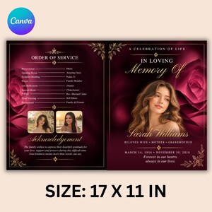 Modelo de programa funerário editável no Canva, programa memorial para celebração da vida, livreto de obituário de 8 páginas, modelo de funeral dobrável 17x11.