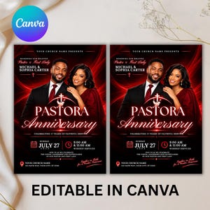 Könnte beinhalten: Eine digitale Flyer-Vorlage für ein Pastorenjubiläum mit einem Mann im Anzug und einer Frau im roten Kleid. Der Text lautet Pastor Anniversary, Celebrating 17 Years of Faithful Service, Sunday July 27 2025, 9:00 AM & 11:00 AM Worship Services.