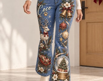 Personalized Christmas Flare Jeans, Custom Pet Name, White Reindeer, Sleigh and Snow Globe Print