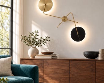 Mid Century Modern Sputnik Wall Sconce, Brass Wall Light with Cream & Black Discs, Sculptural Living Room Lighting