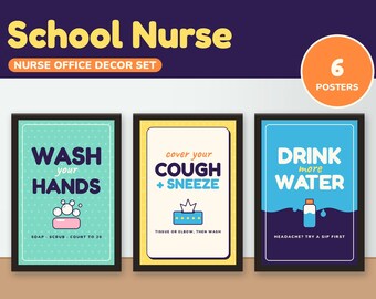 Könnte beinhalten: Ein Set aus drei rechteckigen Postern für ein Schulkrankenzimmer. Die Poster zeigen Gesundheitserinnerungen: Wash Your Hands mit einem Seifensymbol, Cover Your Cough + Sneeze mit einer Taschentuchbox und Drink More Water mit einer Wasserflasche.