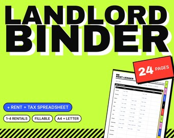 Könnte beinhalten: Ein Landlord Binder Dokument vor einem hellen lindgrünen Hintergrund. Der Text lautet Landlord Binder, 24 Pages, Rent Ledger, Rent + Tax Spreadsheet, 1-4 Rentals, Fillable und A4 + Letter. Das Dokument enthält eine Mietübersicht.