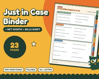 Könnte beinhalten: Ein digitaler Planer mit dem Titel Just in Case Binder mit 23 Seiten, einschließlich eines Nettovermögens- und Rechnungsblatts. Das Dokument enthält eine Checkliste für Familien mit dem Titel If something happens to me, mit verschiedenen Abschnitten.
