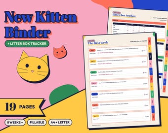 Könnte beinhalten: Ein digitaler New Kitten Binder Planer mit 19 Seiten, inklusive eines Katzenklo-Trackers. Die Seiten enthalten einen Zeitplan für die erste Woche mit täglichen Aufgaben, farbigen Reitern und Katzenillustrationen.