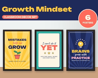 Könnte beinhalten: Ein Set aus drei gerahmten Postern mit dem Titel Growth Mindset Classroom Decor Set. Die Poster enthalten motivierende Texte wie Mistakes help me grow, I can't do it YET und Brains grow with practice, begleitet von farbenfrohen grafischen Illustrationen.