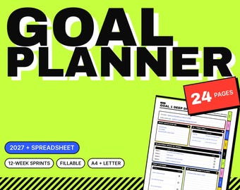 Könnte beinhalten: Ein digitaler Zielplaner mit dem Text GOAL PLANNER in großen schwarzen Buchstaben auf lindgrünem Hintergrund. Der Planer enthält ein 24-seitiges Dokument, eine 2027-Tabelle, 12-Wochen-Sprints, ausfüllbare Felder sowie A4- und Letter-Formate.