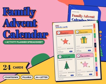 Könnte beinhalten: Ein digitaler Familien-Adventskalender und eine Aktivitätsplaner-Tabelle mit 24 Karten. Die druckbaren Seiten enthalten nummerierte Aktivitätsfelder mit Aufgaben wie Put up the tree, Letters to Santa, Hot cocoa night und Paper snowflakes.