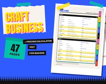 Könnte beinhalten: Ein 47-seitiger Planer für Handwerksunternehmen mit einem Preiskalkulator für 2027. Das Dokument enthält ein Price It Right-Arbeitsblatt mit Tabellen für Produktkosten, Großhandels- und Einzelhandelsberechnungen auf blauem Grund.