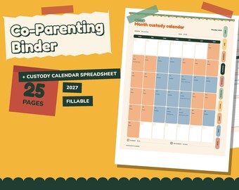 Könnte beinhalten: Ein digitaler Co-Parenting-Ordner mit einer ausfüllbaren 25-seitigen Sorgerechtskalender-Tabelle für 2027. Das Dokument zeigt ein Monatsraster mit abwechselnden pfirsichfarbenen und blauen Blöcken zur Planung.