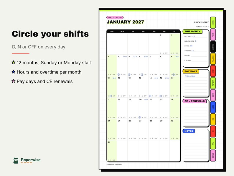 Nurse Planner 2027 for 12 Hour Shifts, Report Sheets, Shift Pay Spreadsheet (Digital PDF) image 5