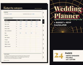 Könnte beinhalten: Eine digitale Hochzeitsplaner-Vorlage mit einer Budget-nach-Kategorie-Tabelle mit Spalten für typische, unser Budget, Angebote, bezahlte und noch offene Beträge. Das Dokument enthält den Text Wedding Planner + Budget + RSVP Calculator und 24 Pages.
