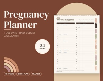 Könnte beinhalten: Ein Schwangerschaftsplaner mit 24 Seiten, inklusive einer 40-Wochen-Übersicht, Rechner für Geburtstermin und Babybudget sowie ausfüllbaren Abschnitten. Das Design zeigt einen braunen Hintergrund, einen Regenbogen und Text.