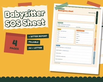 Könnte beinhalten: Ein ausdruckbares Babysitter-Notfallblatt mit Abschnitten für Notfallkontakte, medizinische Informationen und Eltern-Details. Das Layout enthält Felder für Adressen, Telefonnummern und Notizen mit englischen Beschriftungen.