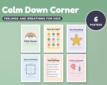 Könnte beinhalten: Ein Set aus sechs Lernpostern mit dem Titel Calm Down Corner, Feelings and Breathing for Kids. Die Poster zeigen bunte Illustrationen, darunter einen Regenbogen, Emotionsgesichter, einen Stern, ein Quadrat sowie eine Blume und eine Kerze.