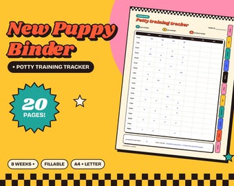 Könnte beinhalten: Ein Welpen-Ordner mit einem Töpfchentraining-Tracker, der 20 Seiten, 8 Wochen Tracking sowie ausfüllbare A4- und Letter-Formate umfasst. Das Dokument enthält ein Raster für die Tagesplanung, farbige Registerkarten und einen gelben Hintergrund.