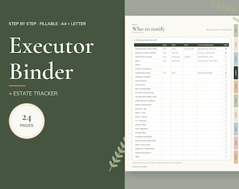 Könnte beinhalten: Ein Testamentsvollstrecker-Ordner und Nachlass-Tracker mit 24 Seiten, dunkelgrünem Einband mit weißem Text und einer weißen Innenseite mit der Überschrift Who to notify, die eine Checkliste zur Nachverfolgung enthält.