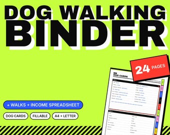 Könnte beinhalten: Ein digitaler Ordner für das Gassi gehen mit dem Text DOG WALKING BINDER, 24 PAGES, + WALKS + INCOME SPREADSHEET, DOG CARDS, FILLABLE und A4 + LETTER. Das Dokument enthält organisierte Felder für Informationen und Tracking von Hunden.