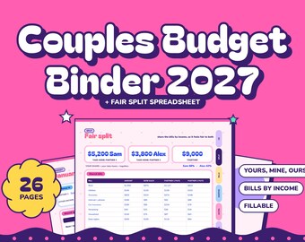 Könnte beinhalten: Ein digitaler Haushaltsplaner für Paare 2027 mit einer Fair-Split-Tabelle. Die pinke Grafik enthält den Text Couples Budget Binder 2027 + FAIR SPLIT SPREADSHEET, 26 PAGES, YOURS, MINE, OURS, BILLS BY INCOME und FILLABLE. Er zeigt eine Finanzübersicht.