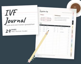 Könnte beinhalten: Ein IVF-Journal mit 24 Seiten, inklusive einer Tabelle zur Verfolgung von Zyklus und Kosten. Das Dokument enthält ein Injektionsprotokoll mit einer Standortanleitung, eine Tabelle zur Medikamentenverfolgung und einen gelben Stift auf der Seite.