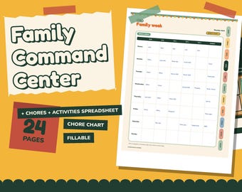 Könnte beinhalten: Ein digitaler Familien-Planer mit einem wöchentlichen Zeitplan-Tabellenblatt, Spalten für Familienmitglieder und Zeilen für Wochentage. Der Text lautet Family Command Center, 24 Pages, Chores, Activities und Fillable.