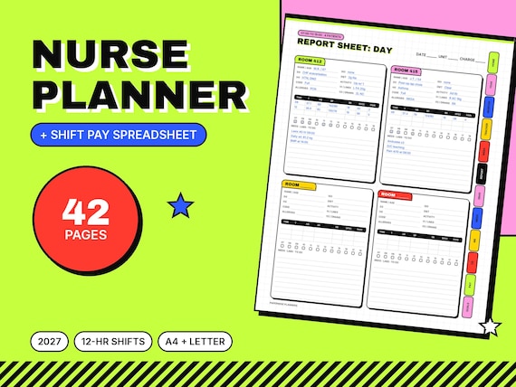 Nurse Planner 2027 for 12 Hour Shifts, Report Sheets, Shift Pay Spreadsheet (Digital PDF)