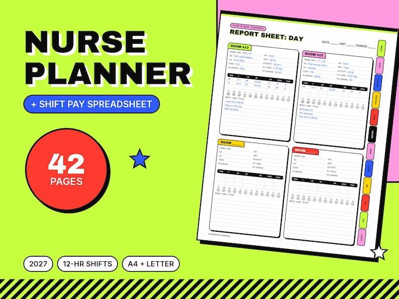 Nurse Planner 2027 for 12 Hour Shifts, Report Sheets, Shift Pay Spreadsheet (Digital PDF) image 1