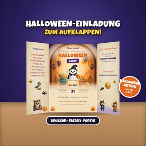 Halloween Einladung Kinder zum Aufklappen | Spukhaus-Tür Klappkarte | Silbenschrift Erstleser | Ausdrucken oder Eintippen | Halloween-Aktion