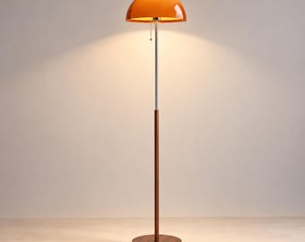 Wooden Floor Lamp Amber Mushroom Dome Shade Mid Century Standing Light Minimalist Bedroom Decor Retro Living Room Lighting Bedside Fixture