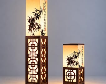 Japanese Wooden Floor Lamp Zen Ambient Lighting Asian Inspired Lantern Tall Standing Light Botanical Shade Oriental Decor Living Room