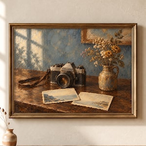 Film Camera and Postcards Printable Wall Art, Vintage Travel Still Life Painting (Digital Download)