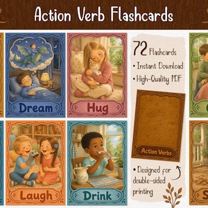 72 Action Verb Flashcards for Kids, Printable Vocabulary Cards, ESL and Speech Therapy Activities, Preschool Language Learning, PDF Download