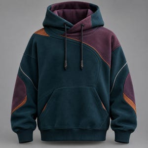 Puede incluir: Una sudadera con capucha de manga larga con un diseño de bloques de color en azul cerceta oscuro, ciruela intenso y bronceado. La prenda incluye un bolsillo tipo canguro frontal, capucha con cordón y herretes negros, y costuras curvas.