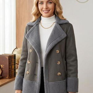 Women's Grey Double-Breasted Coat, Plush Collar and Cuffs, Elegant Winter Button Jacket