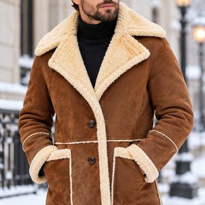 Brown Shearling Style Coat, Cream Trim Long Jacket, Double Button Winter Outerwear, Classic Vintage Casual Coat