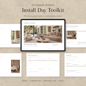 Könnte beinhalten: Ein Interior Design Install Day Toolkit mit 20 Arbeitsdokumenten und einem Excel-Liefer-Tracker. Das digitale Display zeigt eine Titelseite mit dem Text Install Day Toolkit, umgeben von verschiedenen Checklisten und Formularen.
