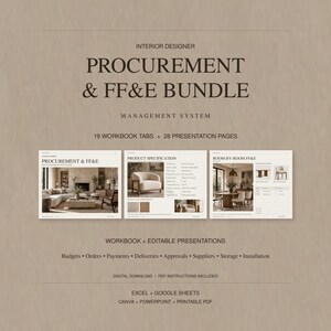 Puede incluir: Un sistema de gestión de adquisiciones y FF&E para diseñadores de interiores con 19 pestañas de libro de trabajo y 28 páginas de presentación. El documento digital incluye plantillas editables para presupuestos, pedidos, pagos, entregas y proveedores.
