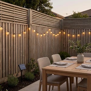 Op de afbeelding: Een lichtsnoer met warmwitte bolvormige lampen hangt langs een hoge houten schutting. Een houten eettafel met vier gevlochten stoelen staat op de voorgrond, voorzien van een keramische vaas met groen en gedekte plaatsen.
