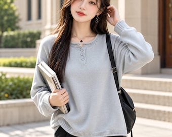 Henley-Pullover aus Baumwollstrick für Damen, Langarmpullover