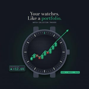 以下が含まれることがあります： 時計コレクション管理ツールのデジタルグラフィック。Your watches. Like a portfolio. WATCH COLLECTION TRACKERというテキストが表示されています。文字盤には緑と赤のローソク足チャートと上向きの矢印があり、コレクション価値を示すボックスには+12.6%と記載されています。