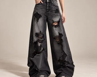Women Distressed Jeans, Black Washed Denim, Baggy Wide Leg Pants, High Waist Ripped Trousers, Oversized Streetwear Bottoms