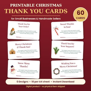 Puede incluir: Un conjunto de 60 tarjetas de agradecimiento navideñas imprimibles para pequeñas empresas con seis diseños y gráficos festivos que incluyen un petirrojo, bastón de caramelo, casa de jengibre, rama de pino, muñeco de nieve y corona sobre un fondo rojo oscuro.