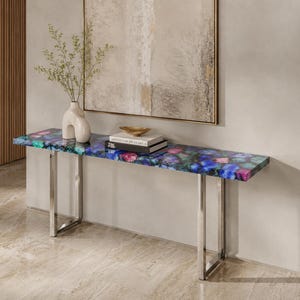 Multi Color Agate Console Table: Polished Geode Resin Top Chrome Base