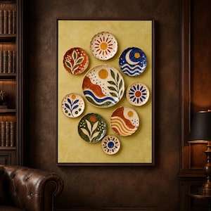 May include: A rectangular wall art piece featuring nine circular ceramic plates arranged on a textured yellow background. The plates display hand-painted designs including suns, moons, waves, and botanical motifs in blue, orange, and green.