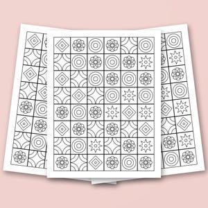 Geometric Tile Pattern Coloring Page, Black and White Grid Line Art (PDF, PNG)