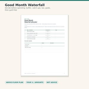 May include: A white financial planning worksheet titled Good Month Waterfall. The document includes a step-by-step allocator table for buffer, catch-ups, tax, goals, and guilt-free spending, with sections for income received and income floor.